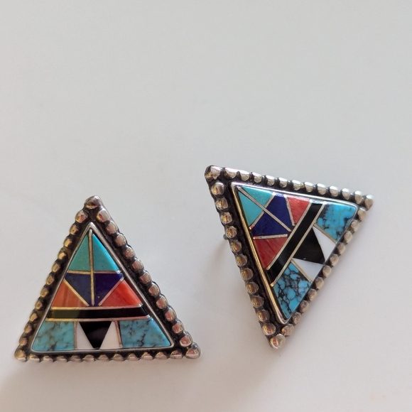 Vintage Native American Zuni Multistone Earrings - Picture 4 of 9